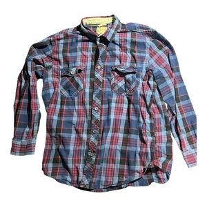 Plaid Button-Up Shirt in Blue and Red-men’s XL
